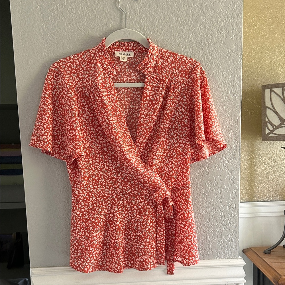 Monteau Coral Red Floral Wrap Top